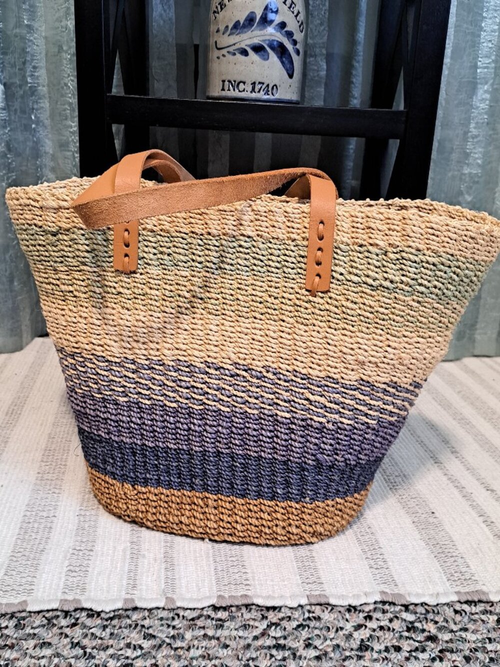 Vintage Bohemian Straw Tote with Leather Strap - Picture 2 of 10